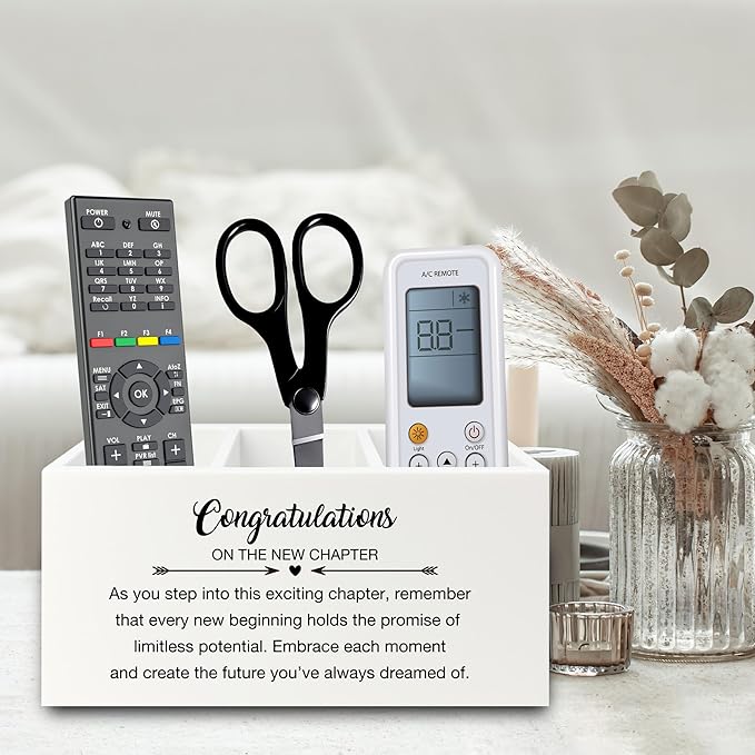 Congratulations Gift Pen Pencil Holder Organizer for Desk, Graduation Gifts, New Job Gifts, Congratulations on the New Chapter Wooden Box Sign for Home Office Desk Tabletop Decorations
