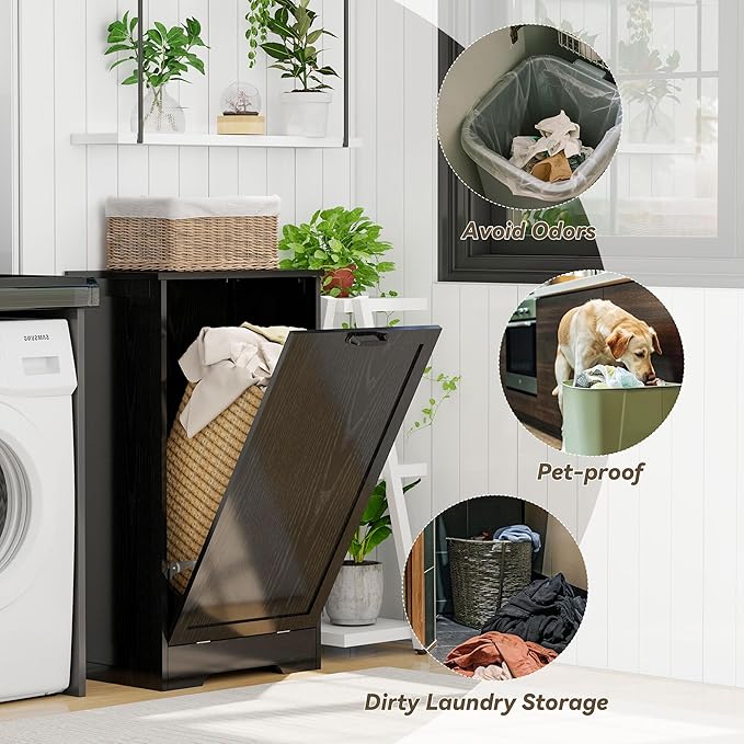 Tilt Out Kitchen Trash Can Cabinet, Pet Proof Wooden Kitchen Garbage Can with Lid, Hidden Laundry Basket Organizer, 10 Gallon Free Standing Bathroom Laundry Hamper Cabinet, Black