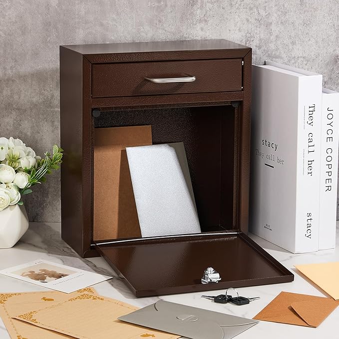 Locking Mailbox with Key for Outdoor 12 x 10.5 x 4.7 Inches Large Wall Mount Mail Box with Lock Security Mail Drop Metal Collection Boxes Hanging Secure Postbox(Brown)