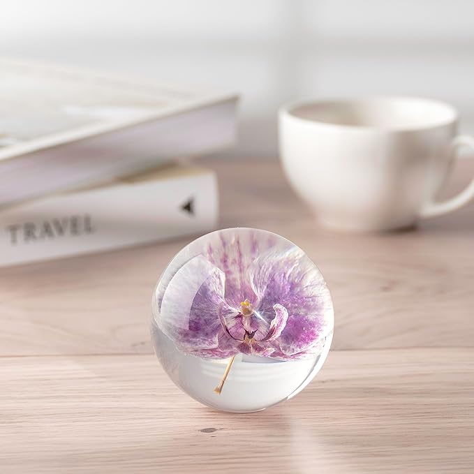 Real Purple Orchid Paperweight - Home Decor Crystal Resin Ball 3.14in (80mm) - Clear Resin Purple Orchid Flower Globe for Special Days - Sphere Figurine Office Paperweight w/Flat Bottom