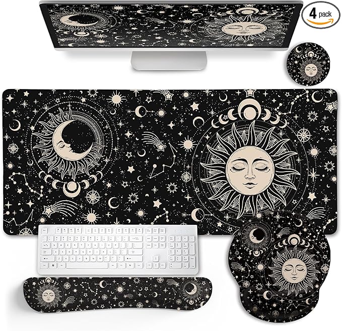 Sun Moon Mouse Pad Set Desk Mat Pad, XXL Large Gaming Mouse Pad with Wrist Rest, Ergonomic Mouse Pad, Keyboard Wrist Rest, Coaster, Home Office Desk Accessories Decor Supplies, Boho Abstract
