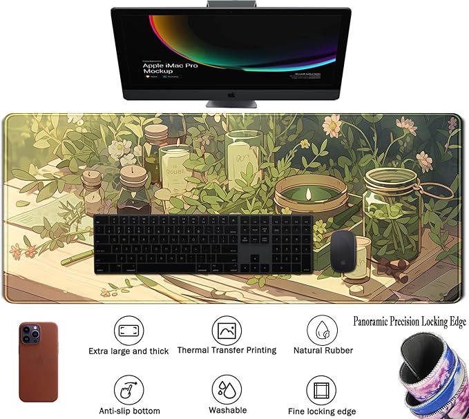 Green Gardener Desk Mat Anime Forest XL Gaming Mouse Pad Plant Lover Desk Pad with Stitched Edges, Women Desktop Decor Mousepad Laptop Computer Keyboard and Mouse Mat Desk Accessories 31.5x11.8 in