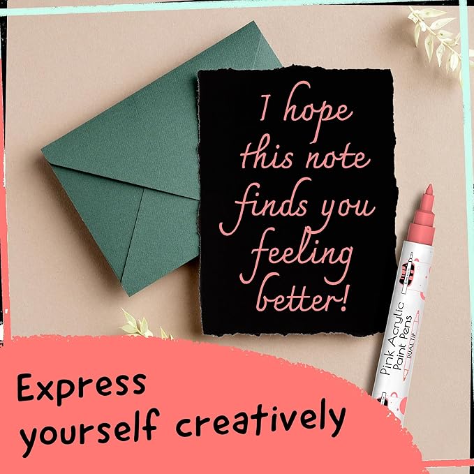 4 Dual Tip Pink Paint Pen Metallic - Fine Tip & Medium Acrylic Paint Markers - Pink Marker for Metal, Wood, Rock Painting, Canvas, Ceramic, Glass, Fabric, Leaf and Plastic - Water-based Ink