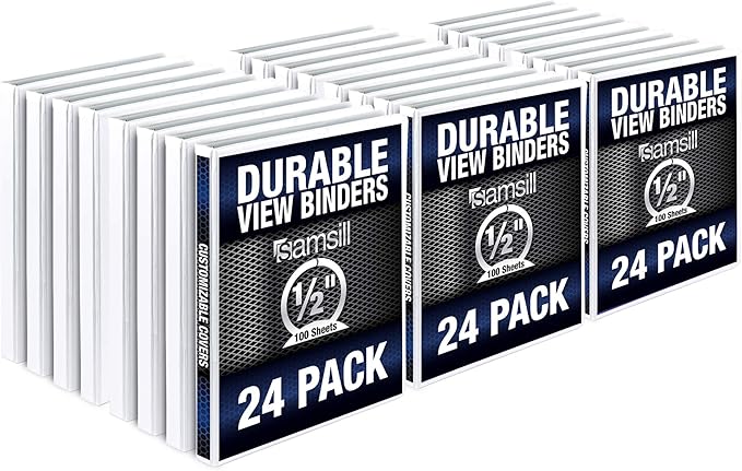 Samsill Durable .5 Inch Binder, Made in the USA, Round Ring Customizable Clear View Binder, White, 24 Pack (MP248417)