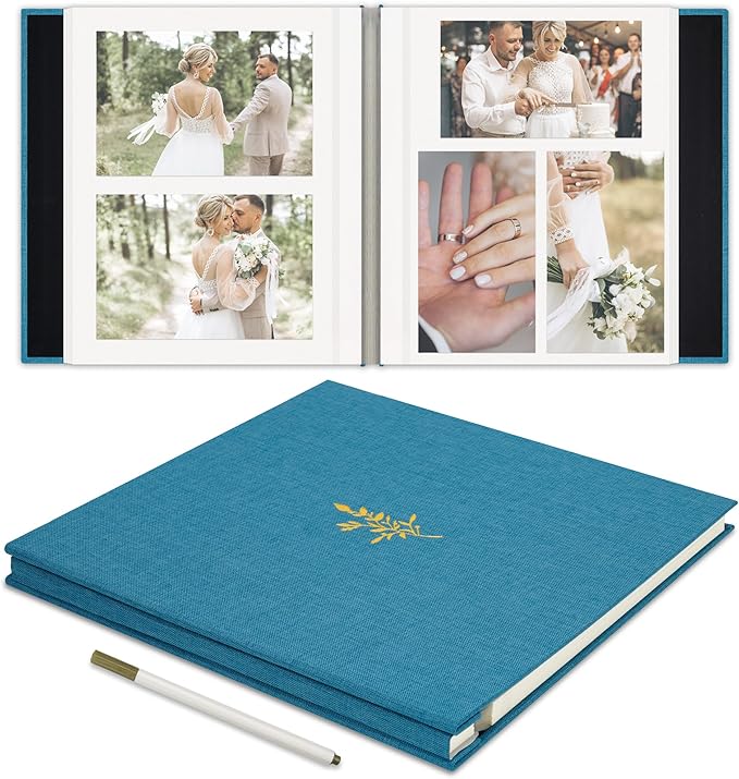 Self Adhesive Photo Album, Sky Blue Scrapbook Album with DIY 40 Blank Pages, Wedding Photo Album with A Metallic Pen for 4x6 5x7 2x3 Pictures, 10.6"x11"