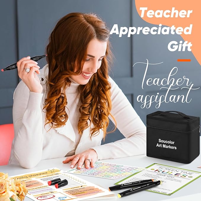 Soucolor Alcohol Markers Set, 60 Colors Dual Tip Art Alcohol Markers, School Office Teacher Supplies for Kids and Adults Coloring Drawing Sketching Book Painting Card Making Illustration