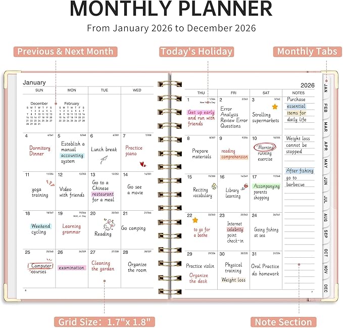 2026 Planner, Weekly and Monthly, A5 Size (5.7" x 8.3"), Jan 2026 - Dec 2026, Calendar, To-do List, Agenda, 12-Month Tabs, Hardcover, 100 GSM Thick Paper, Spiral-bound (Pink)