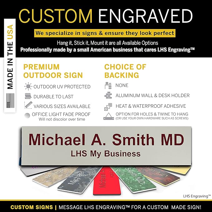 Engraved Name Plates for Door Sign Personalized Gray Plastic Plaque with Maroon Letters - Made in USA 2x12 B21