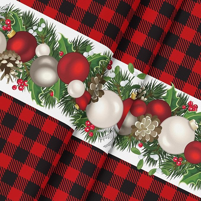 Horaldaily Christmas Tablecloth 90×90 Inch Round, Christmas Ball Ornaments Red Bufalo Plaid Washable Table Cover for Party Picnic Dinner Decor