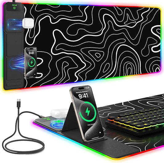 Mouse Pad with Foldable Phone Holder & Wireless Charger, XXL RGB Gaming Mousepad 31.5"x15.8" Large Desk Mat for Keyboard, Black Desk Pad with Dual Qi Charging Station | 11 Colors 5 Modes | Waterproof