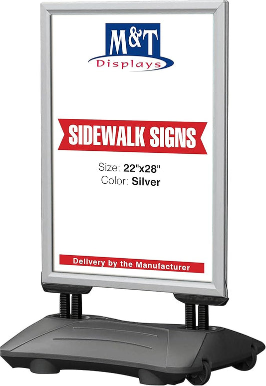 M&T Displays WindPro Weather and Wind Resistant Outdoor Pavement Curb Sidewalk Sign Holder for 22x28 Inch Posters Silver Aluminum Easy Front Loading Snap Frame Durable HDPE Silver Water Base