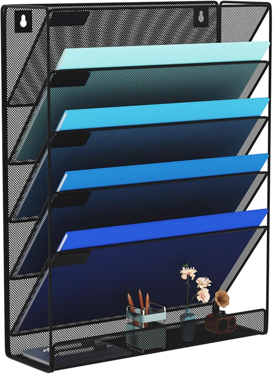 Wall File Organizer Holder Mesh Hanging Paper Document Holder,Vertical 6 Pocket Tier for Office Home, Black