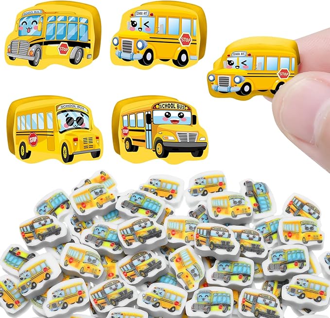 PerKoop 60 Pcs Mini Erasers for Kids Cute School Bus Erasers Bulk Welcome Back to School Gifts for Students Classroom Rewards Prizes Party Favors