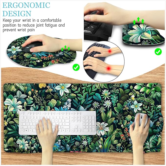Floral Mouse Pad Large Desk Mat Set, Green Ergonomic Mouse Pad with Wrist Rest Keyboard Wrist Support XXL Mousepad Cup Coaster Set, Cute Green Office Desk Accessories Decor Supplies