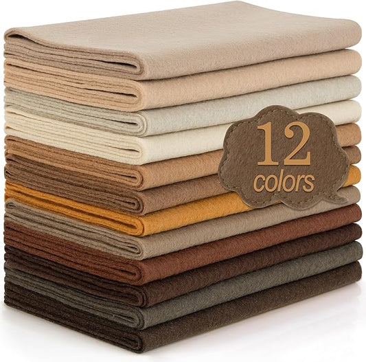 12 Rolls 8"x35"(20.5x90cm) 1.4mm Thick Soft Felt Fabric Sheet 12 Assorted Brown Tone Series Colors Felt Pack for DIY Craft Sewing Squares Nonwoven Patchwork