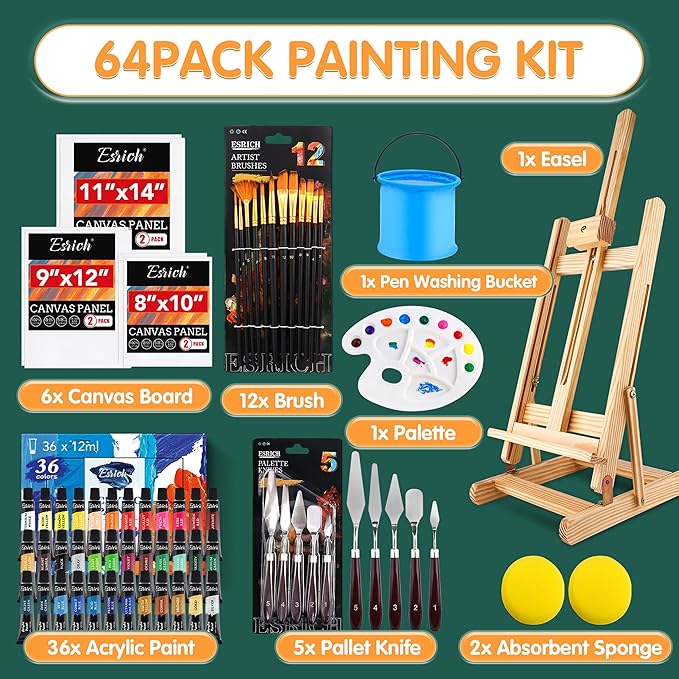 ESRICH Acrylic Paint Set, 64PCS Painting Supplies with Wooden Easel, Brushes, 36 Colors Acrylic Paint, Canvases, Palette, Paints Knives Etc, Painting Kit for Adults, Students, Hobbyists, Beginners