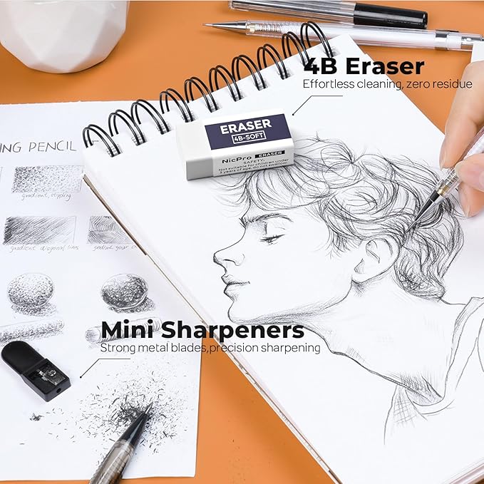 Nicpro 26PCS Art Drawing Supplies Kit, Mechanical Pencils Set 0.5, 0.7, 0.9 & 2mm, 100 Sheets Sketch book, 172PCS Lead Refills, School Supplies Gifts for Artist Adults Teens Girls Boys Kids Sketching
