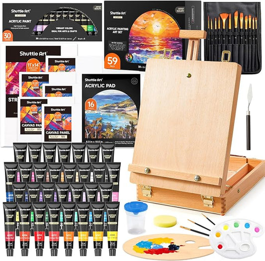 Shuttle Art Acrylic Painting Set, 59 Pack Professional Painting Supplies with Wood Tabletop Easel, 30 Colors Acrylic Paint, Canvas, Brushes, Palette, Complete Painting Kit for Kids, Adults, Artists
