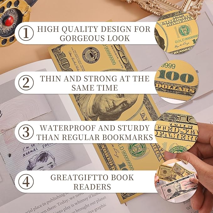6 PCS Dollar Bill Bookmarks, Cool Waterproof Bookmark, Fancy Book Marks for Book Lovers Reading Women Writers Children, Birthday Gifts for Readers, Reading Accessories, Large & Small Sizes for Books