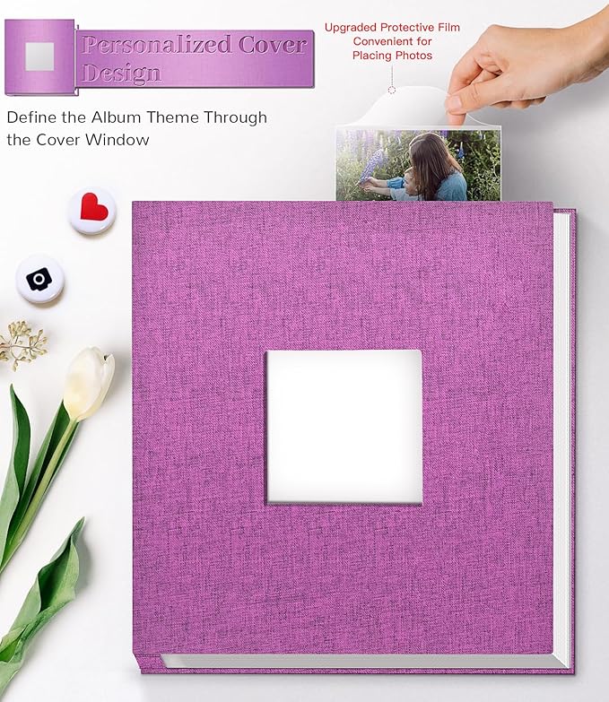 Photo Album Self Adhesive Scrapbook Album for 3x5 4x6 5x7 8x10 Pictures, 60 Pages Linen Cover with Display Window DIY Photo Book,Ideal Gifts for Family Travel Wedding Baby