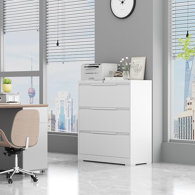 3 Drawer Lateral File Cabinets with Lock,Metal Filing Cabinet for Home Office,Wide Office Storage Cabinet with Hanging Bars for A4 Legal/Letter Size(White-Easy Assembly)