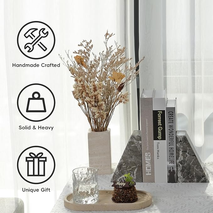 Koville Marble Bookends for Shelves, Large Bookends for Heavy Books, Natural Stone Book Stopper for Books CD Movies, Aesthetic Decorative Book Ends, Bookshelf Table Home Decor(Grey)