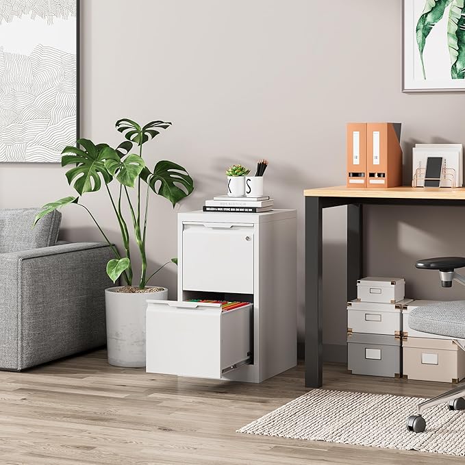 2 Drawer File Cabinet, Metal Vertical File Cabinets with Lock for Home Office, Locking File Cabinet Hanging Files for A4/ Legal/Letter, Assembly Required (White, 2 Drawer - 15" W)