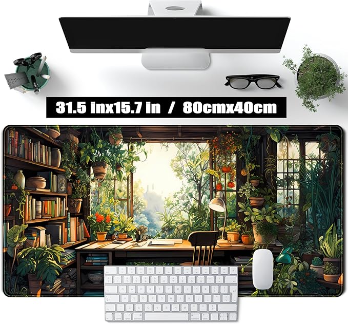 Green Plant Lovers Cute Desk Mat, Kawaii Desk Pad XXL Large Extended Lofi Mouse Pad Gaming Anime Mousepad, Big Laptop Computer Keyboard and Mouse Mat for Girl Women Office Desk Decor 31.5x15.7 in