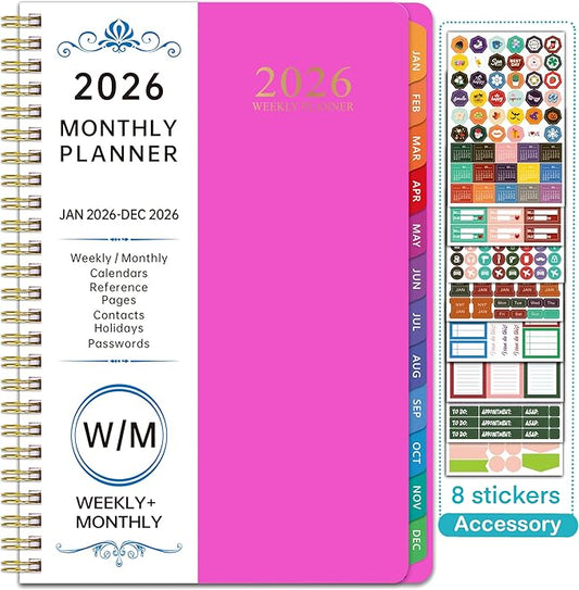 2026 WeeklyMonthlyand Yearly Planning Calendar with 8 Stickers, 6" x 8.25" Planner, Softcover, Spiral Bound, Laminated Labels, Laurel Series (Red)