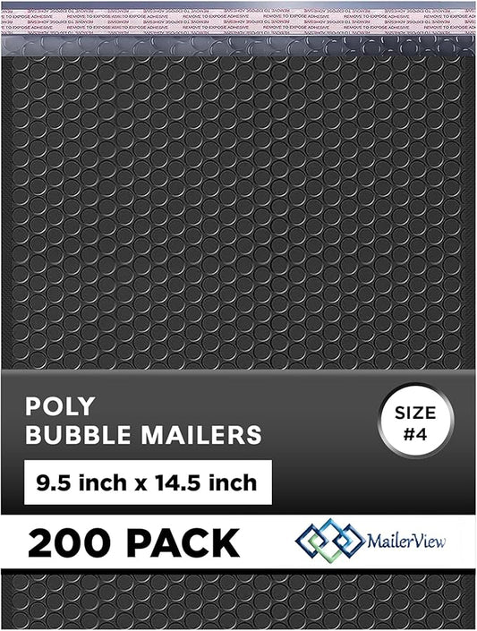 Black Large Poly Bubble Mailers 9.5x14.5 inch #4 | Self Seal Padded Envelopes Cushioned Bubble Mailer | Usable Size 9.5x13.5 | WaterProof | Lightweight mailing Shipping Bags | 200 Pack Bulk