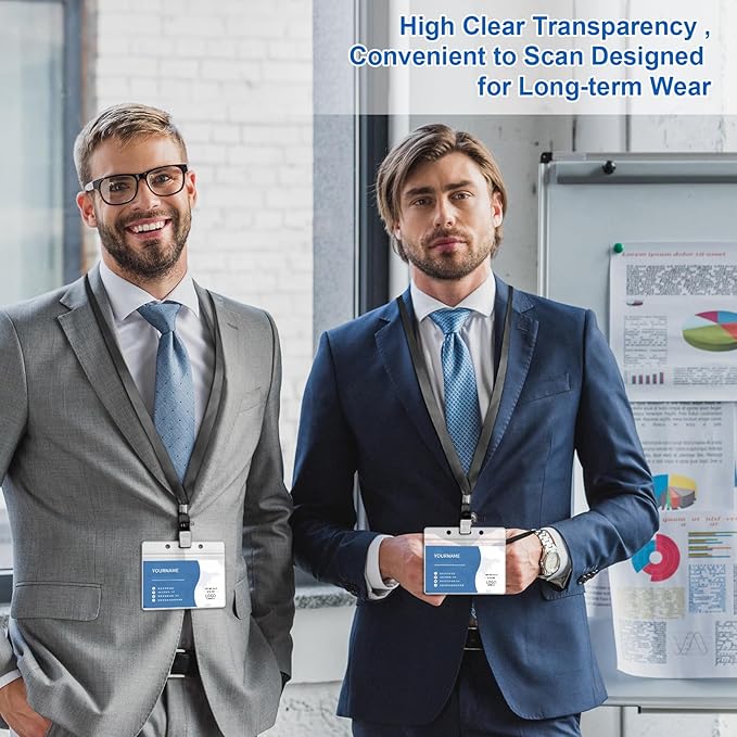 100 Pcs Lanyards for ID Badges and 100 Pcs Clear Name Tag Holders Reusable Lanyard with Clip Plastic ID Card Badge Holder Name Badges for Adults Kids Business School Office Supplies (Black)