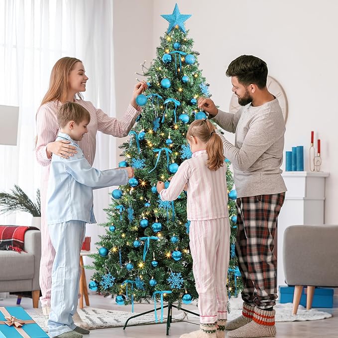 86Pcs Led Light Blue Christmas Tree Decorations Set 100 Led Light Christmas Star Trees Topper with String Lights Xmas Balls Snowflakes Ornaments Bows Xmas Trees Decor 20m Light String