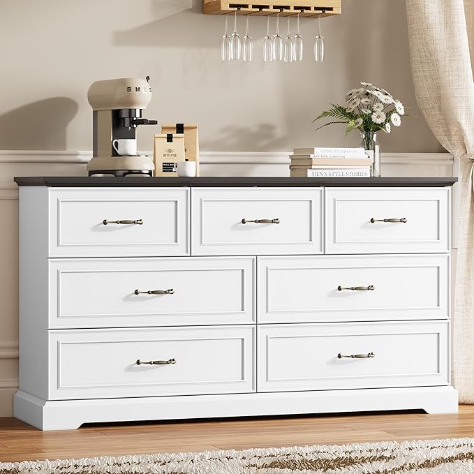7 Drawer Dresser for Bedroom, 57" Wide Wooden Chest of Drawers, Rustic Farmhouse Dresser with Large Drawers & Metal Handles, Modern Storage Organizer for Closet, Living Room, Hallway, White