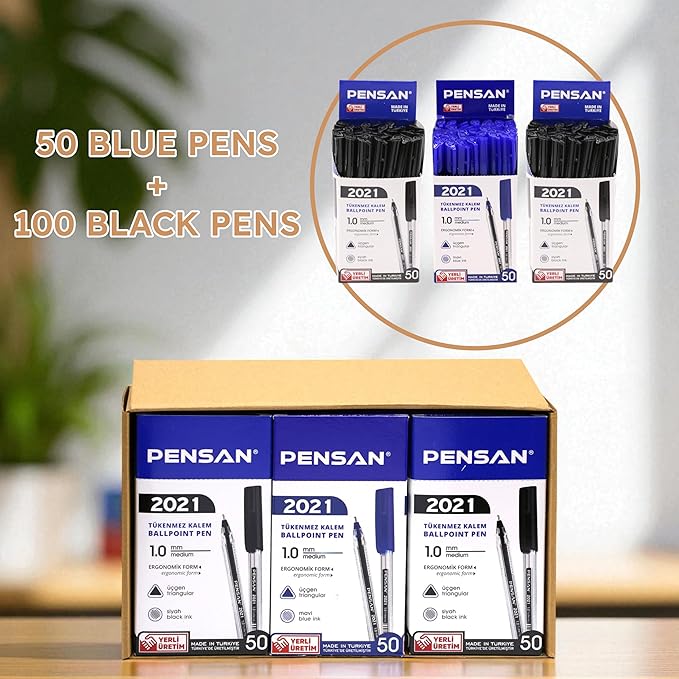 Ballpoint Pens Bulk Pack, 150-Count – 100 Black & 50 Blue Ink Pens, 1.0mm Medium Point, Ergonomic Triangle Grip