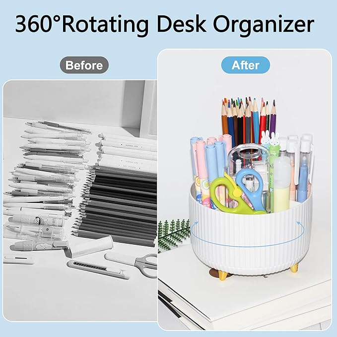 Office Desk Accessories, White Office Supplies 360°Pen Holder Desk Organizers And Accessories with Tape Dispenser, Stapler, Staple Remover, 1000 Staples, Tape, Clips Set, Ruler, Scissor, Pen