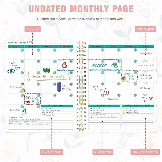 Ospelelf Undated Spiral Bound Planner 2025 2026 Daily, Weekly and Monthly Planners, Pink Teacher Planner 12 Month 8.5 x 11