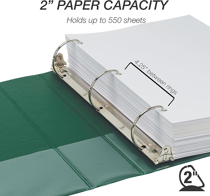 Samsill Durable 2 inch 3 Ring Binder, Made in USA, D Ring Binder, FSC 100% Recycled Chipboard, Green, 4 Pack