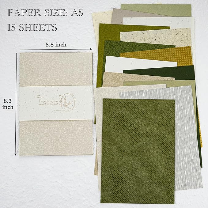 15 Sheets Textured Scrapbook Paper Assorted Set - Mixed Special Craft Paper for Scrapbooking Junk Journaling Supplies Bullet Journal Planner Collage Card Embellishments 5.8x8.3 Inch A5 (Forest Green)