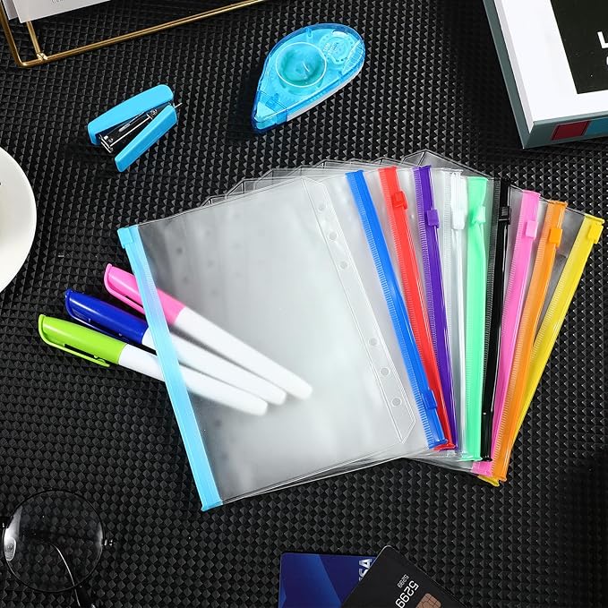 40 Pieces 6 Ring Binder Zipper Pouch, 6 Hole Binder Pockets with Zipper Bulk Binder Folders Plastic Binder Pouch Loose Leaf Bags Waterproof PVC Document Filing Bag(Colorful, B6)