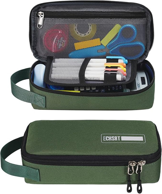 ECHSRT Pencil Case for Men Women, Large Pen Bag for Adults, Portable Pencil Pouch Aesthetic with Handle, Zipper Cases for Office Organizer Green Pencil Cases