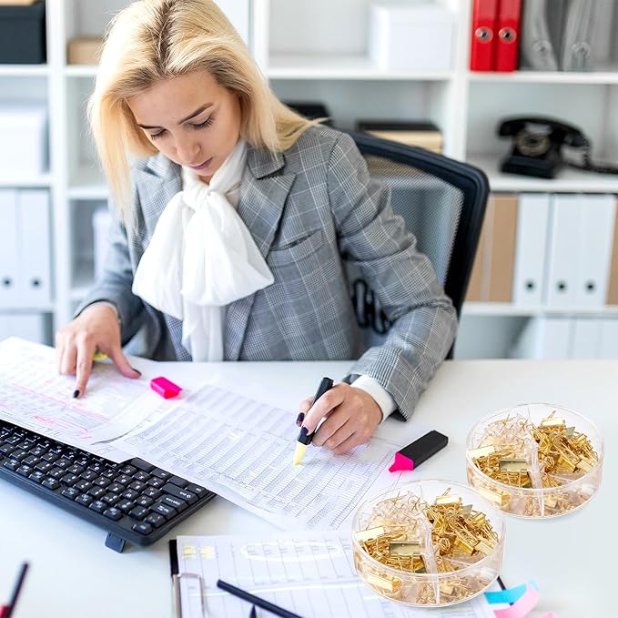 1560 Pcs Paper Clips and Binder Clips Assorted Sizes, Large Medium Small Binder Clip Paperclips Thumb Tacks, College Supplies Home Office Supplies Document Organizing(Gold)