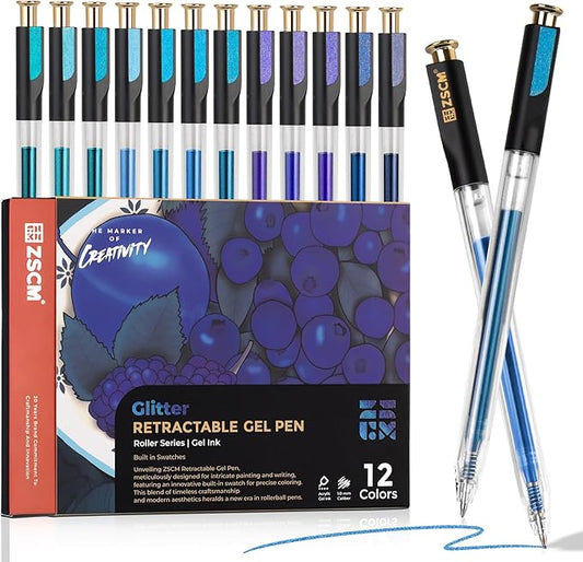 Retractable Glitter Gel Pens, 12 Colors Large Capacity Blue Glitter Metallic Gel Ink Pen, 1 mm Fine Point Smooth Writing Color Pens for Adult Coloring Book Note Taking Aesthetic Art Supplies