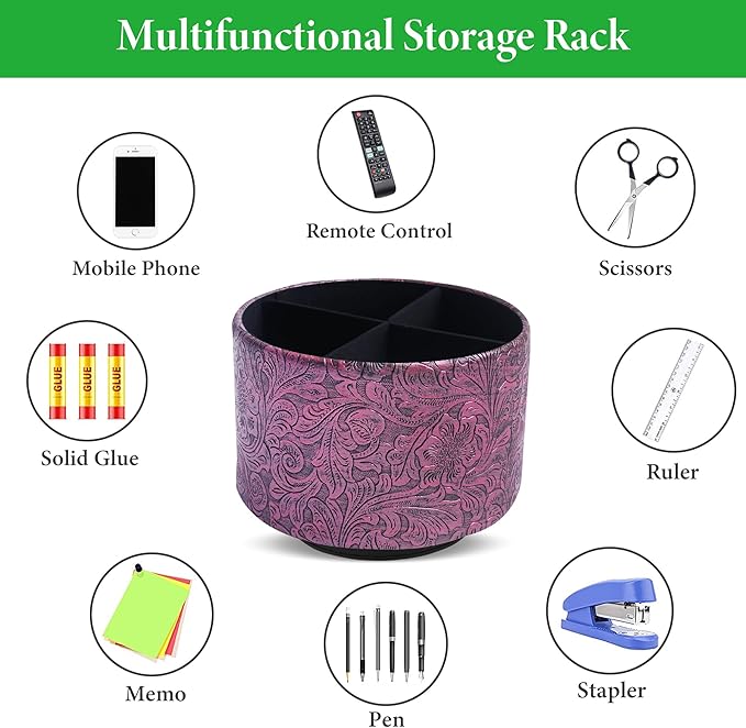 lizimandu Round Leather Art Supply Organizer,Remote Control Holder,360 Degree Spinning,Multi-Functional Pencil Holder,4 Compartments Desktop Stationary Organizer(1-Carved Metal Rose Red)