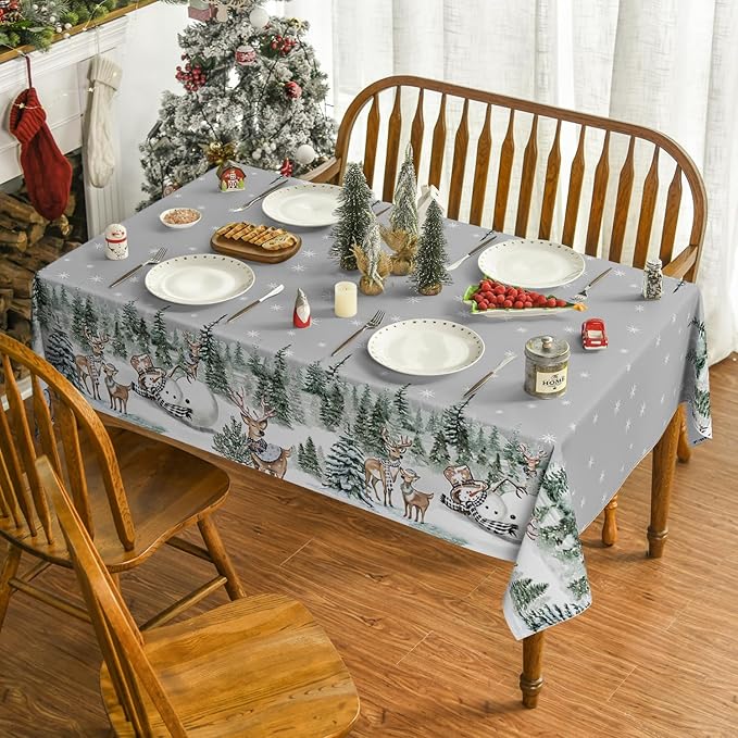Horaldaily Christmas Tablecloth 60×60 Inch Square, Deers Snowman Trees Grey Washable Table Cover for Party Picnic Dinner Decor