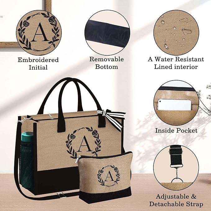 YOOLIFE Personalized Gifts for Women - Initial Jute Tote Bag & Makeup Bag, Birthday Gifts for Women Mom Wife Teacher Friend