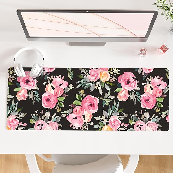 QIYI Large Mouse Pad, Floral Desk Mat for Desktop, Women Girls Watercolor Pink Flowers Office Décor Desk Accessories, PU Leather Waterproof Gaming Mousepad, Black Desk Pad Computer Mat, 31.5" x 11.8"