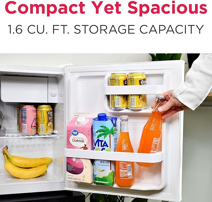 Frigidaire Retro Compact Fridge with Chiller, Countertop, Built-In Bottle Opener, Compact Refrigerator 1.6 cu ft, Mini Fridge for Office, Bedroom, Dorm Room or Cabin - 16" D x 18" W x 18.5" H (White)
