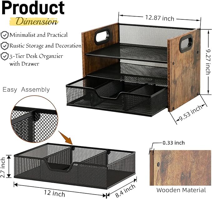 Wood Desk Organizer - 3-Tier Desktop File Organizer with Drawer, Wooden Paper Tray, Office Desk Organzier and Accessories for Papers, Mail, Notebooks, Stationery