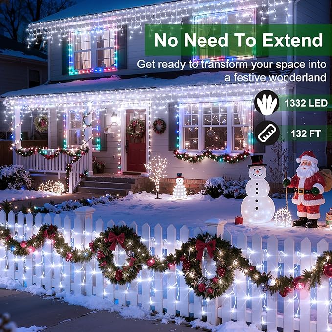 1332 LED Christmas Lights with 296 Drops,132ft 12 Modes Hanging ice String Lights with Timer & Dimmable & Waterproof, Plug-in Fairy Lights for Tree Holiday Wedding Party Christmas Decor Cool White