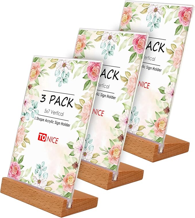 TONICE® 3 Pack 5x7 Acrylic Sign Holder Slant Back Design L Shape Clear Acrylic Frames Wood Base, Table Menu Display Stand Flyer Display for Desk Display (Optional 8.5x11/5x7 Inch L/T Shape)